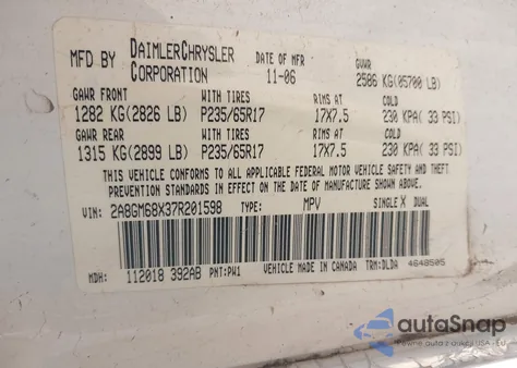 2007 Chrysler Pacifica Touring z USA, uszkodzony, nr VIN 2A8GM68X37R201598